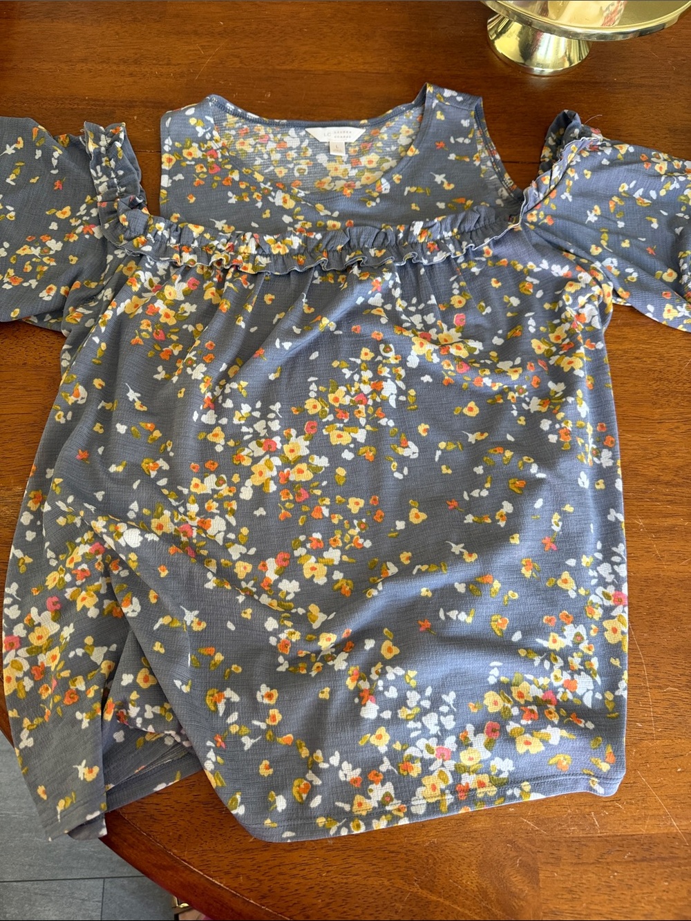 LC Lauren Conrad Blue Floral Ruffle Cold-Shoulder Blouse